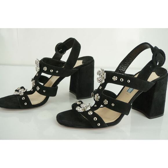 Prada Black Suede Silver Flower Studded Caged Strappy Sandals - Picture 9 of 10
